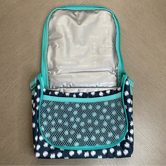 New Thirty One Navy Doodle Dot Going Places Thermal Bag With Strap - Picture 5 of 15